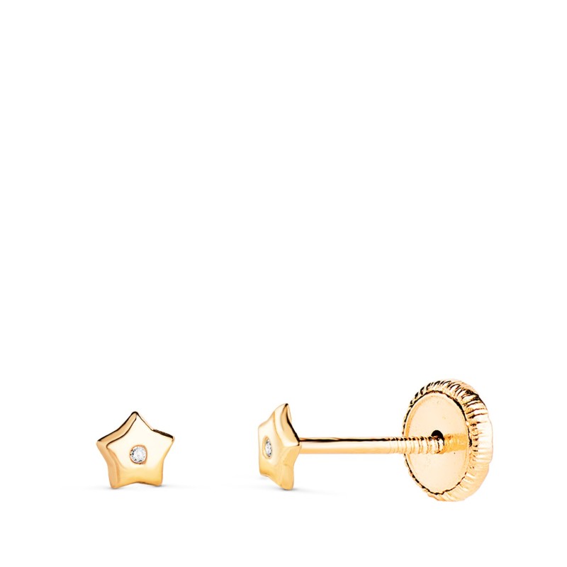 Pendientes Oro Amarillo Estrella Con Circonita. Medida: 3,5X3,5 Mm. Cierre Tuerca oro 18k