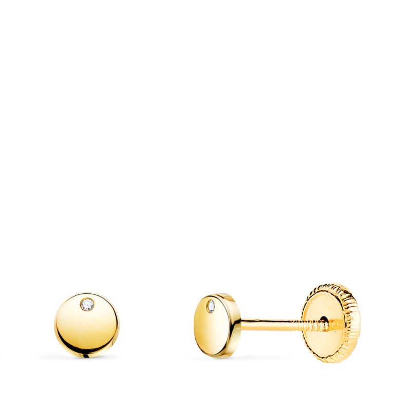 Pendientes Oro Amarillo Redondos Brillo Con Circonita 4,5 Mm. Cierre Tuerca oro 18k