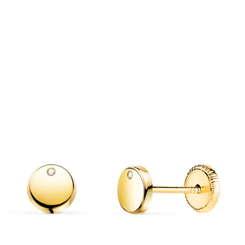 Pendientes Oro Amarillo Redondos Brillo Con Circonita 5,5 Mm.Cierre Tuerca oro 18k