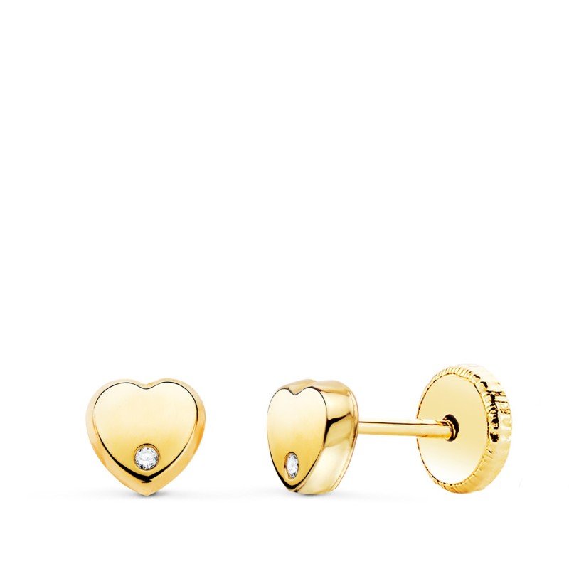 Pendientes Oro Amarillo Corazon Con Circonita Brillo 5X5 Mm. Cierre Tuerca oro 18k