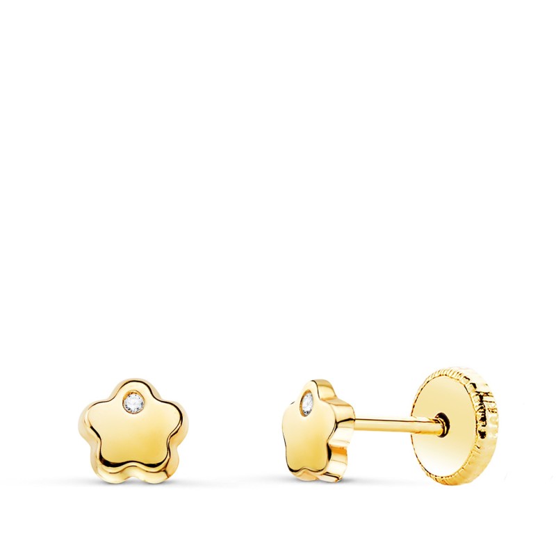 Pendientes Oro Amarillo Flor Con Circonita Brillo 5X5 Mm. Cierre Tuerca oro 18k