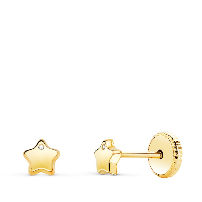 Pendientes Oro Amarillo Con Estrella Y Circonita Brillo 4,5X4,5 Mm. Cierre Tuerca oro 18k