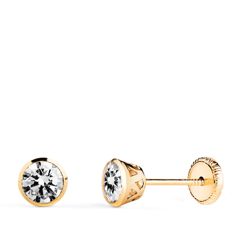 Pendientes Oro Amarillo Chaton Con Circonita Canastilla Calada. Ancho: 5Mm. Cierre Tuerca oro 18k