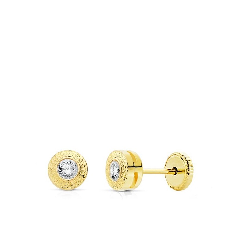 Pendientes Oro Amarillo Redondos 5 Mm Con Greca Y Circonita Cierre Tuerca oro 18k