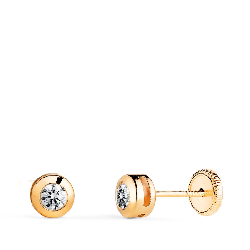 Pendientes Oro Amarillo Chaton Galeria Con Circonita. Medida: 5 Mm. Cierre Tuerca oro 18k