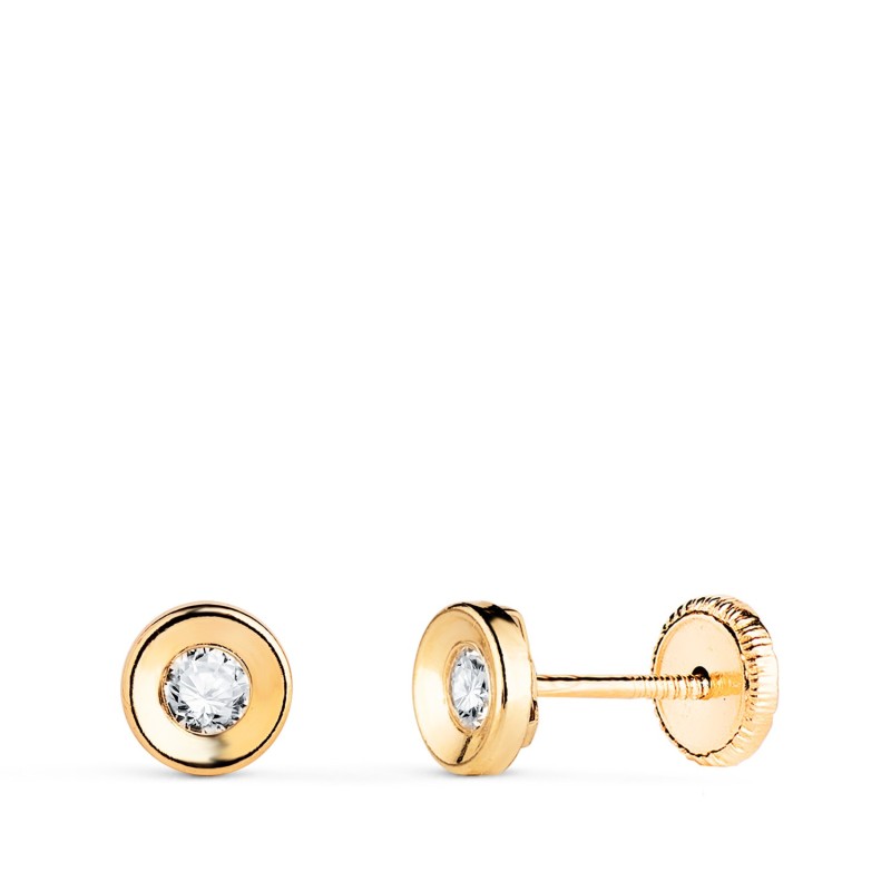 Pendientes Oro Amarillo Redondo Concavo Con Circonita. Ancho: 5 Mm. Cierre Tuerca oro 18k