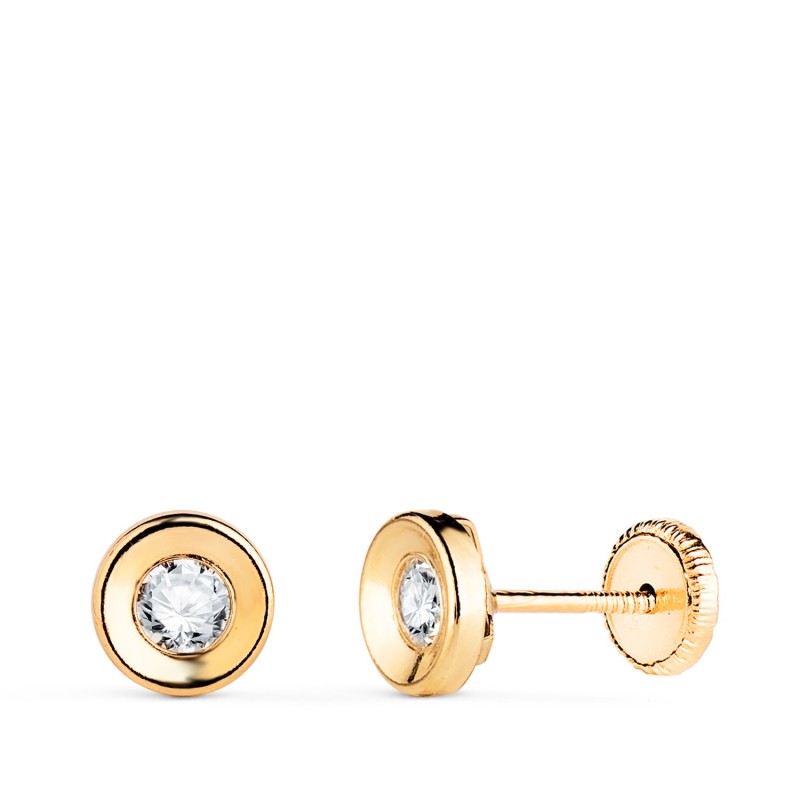 Pendientes Oro Amarillo Redondo Concavo Con Circonita. Ancho: 5,5 Mm. Cierre Tuerca oro 18k