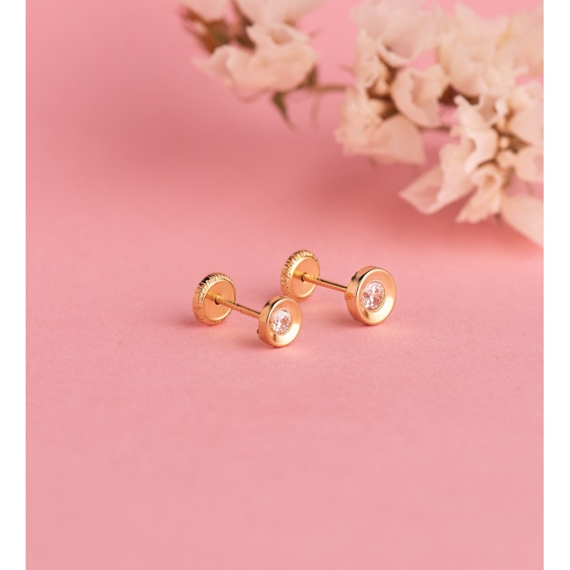 Pendientes Oro Amarillo Redondo Concavo Con Circonita. Ancho: 5,5 Mm. Cierre Tuerca oro 18k