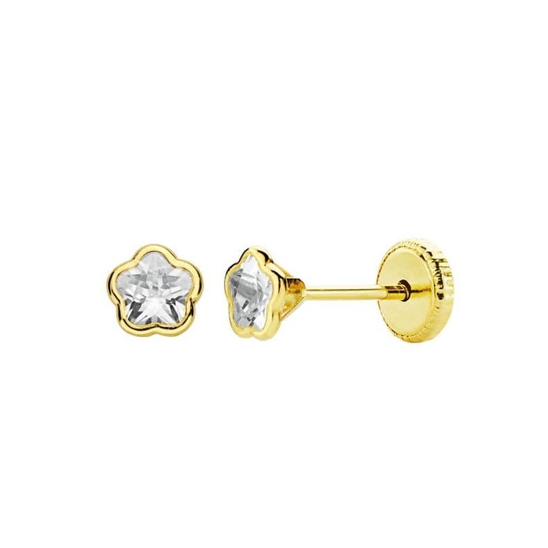 Pendientes Oro Amarillo Flor Circonita 4X4 Mm. Cierre Tuerca oro 18k