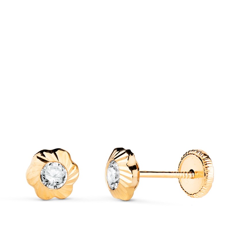 Pendientes Oro Amarillo Flor Orla Tallada Circonita. Medida: 5,5Mm Cierre Tuerca oro 18k