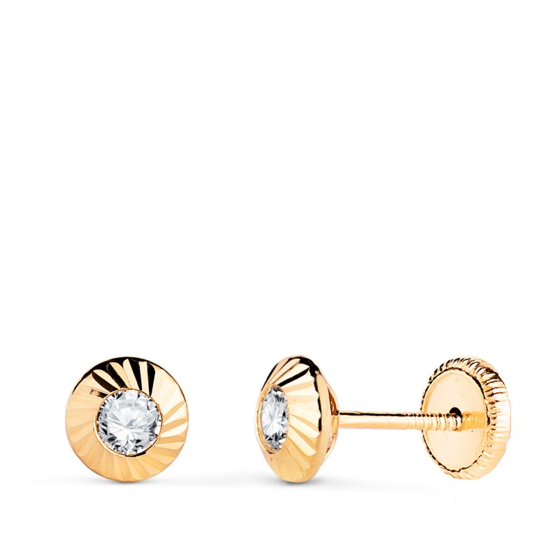 Pendientes Oro Amarillo Redondos Orla Tallada Circonita. Medida: 5,5Mm Cierre Tuerca oro 18k