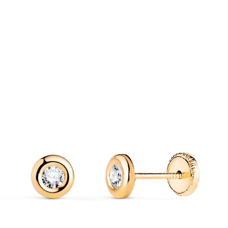 Pendientes Oro Amarillo Chaton Con Circonita. Medida: 5 Mm. Cierre Tuerca oro 18k