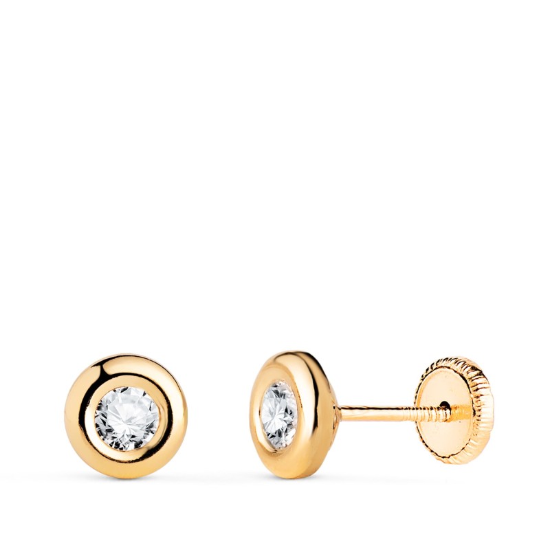 Pendientes Oro Amarillo Chaton Con Circonita. Medida: 5,5Mm. Cierre Tuerca oro 18k