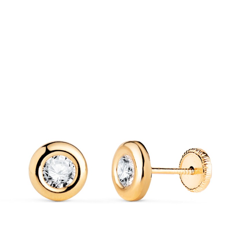 Pendientes Oro Amarillo Chaton Con Circonita. Medida: 7Mm. Cierre Tuerca oro 18k