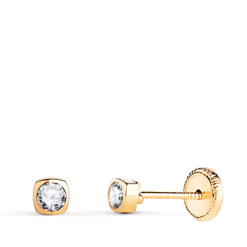 Pendientes Oro Amarillo Cuadrados Con Circonita. Medida: 3X3Mm. Cierre Tuerca oro 18k