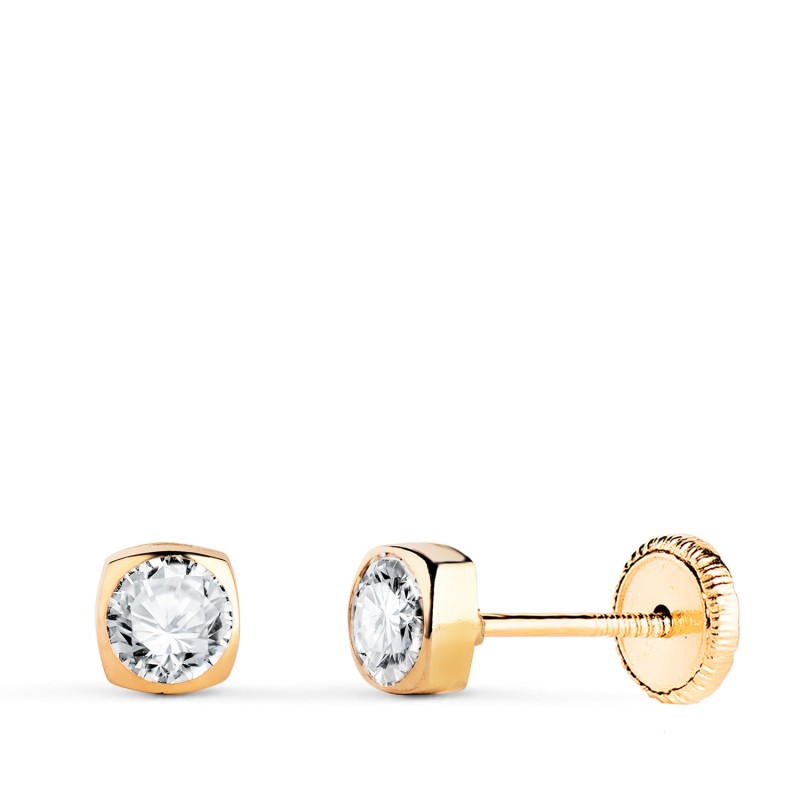 Pendientes Oro Amarillo Cuadrados Con Circonita. Medida: 4X4Mm. Cierre Tuerca oro 18k