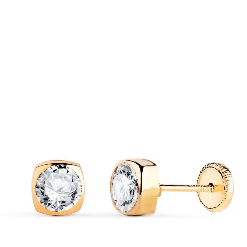 Pendientes Oro Amarillo Cuadrados Con Circonita. Medida: 5X5Mm. Cierre Tuerca oro 18k