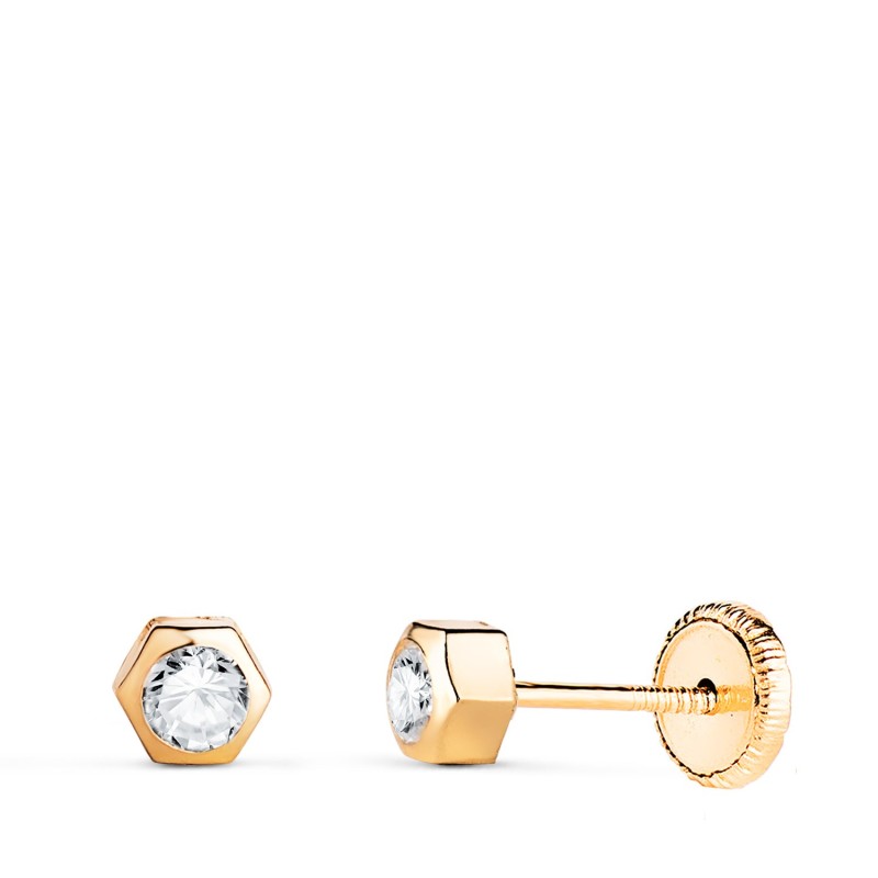 Pendientes Oro Amarillo Hexagono Con Circonita. Medida: 3,5 X 3 Mm. Cierre Tuerca oro 18k
