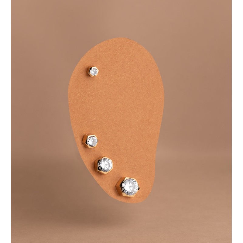 Pendientes Oro Amarillo Hexagono Con Circonita. Medida: 3,5 X 3 Mm. Cierre Tuerca oro 18k
