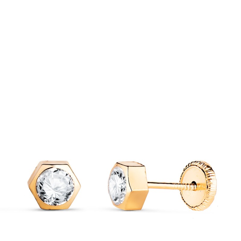 Pendientes Oro Amarillo Hexagono Con Circonita. Medida: 5 X 4,5 Mm. Cierre Tuerca oro 18k