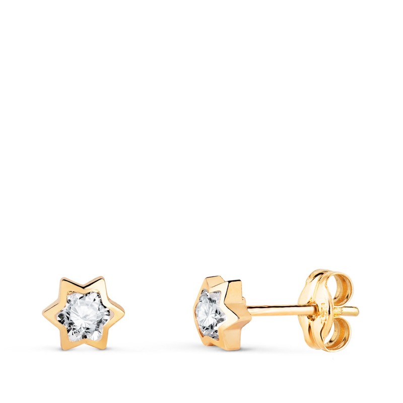 Pendientes Oro Amarillo Estrella Con Circonita. Medida: 4,5 X 4 Mm. Cierre Presion oro 18k
