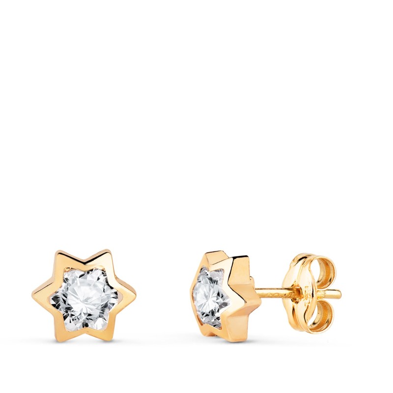 Pendientes Oro Amarillo Estrella Con Circonita. Medida: 6X5,5 Mm. Cierre Presion oro 18k