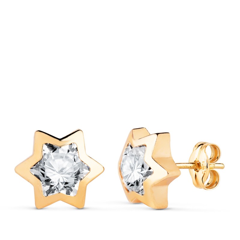 Pendientes Oro Amarillo Estrella Con Circonita. Medida: 9X8 Mm. Cierre Presion oro 18k
