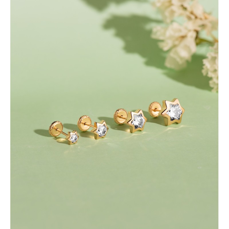 Pendientes Oro Amarillo Estrella Con Circonita. Medida: 9X8 Mm. Cierre Presion oro 18k