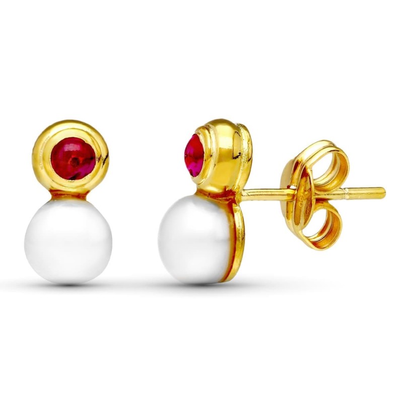 Pendientes Oro Amarillo Perla Y Piedra Roja 10X5 Mm Cierre Presion oro 18k