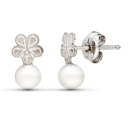 Pendientes Oro Blanco Perla 9X5 Mm Cierre Presion oro 18k