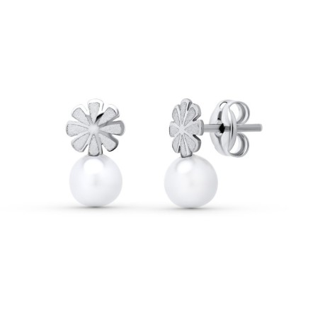 Pendientes Oro Blanco Perla 9X5 Mm. Cierre Presion oro 18k