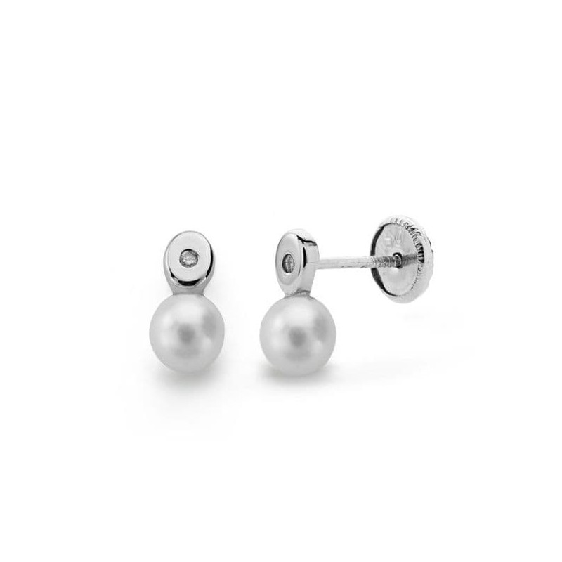 Pendientes Oro Blanco Perla 3 Mm Diamantes Naturales Si-H Talla Brillante 0,012 Qts. Cierre Tuerca oro 18k