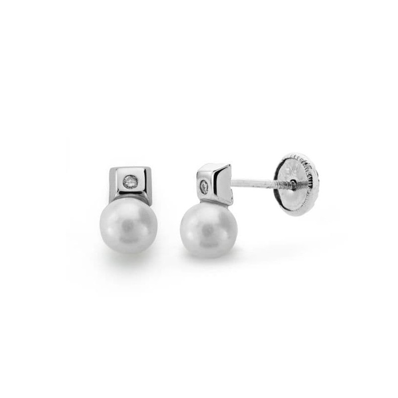 Pendientes Oro Blanco Perla 3 Mm Diamantes Naturales Si-H Talla Brillante 0,012 Qts. Cierre Tuerca oro 18k
