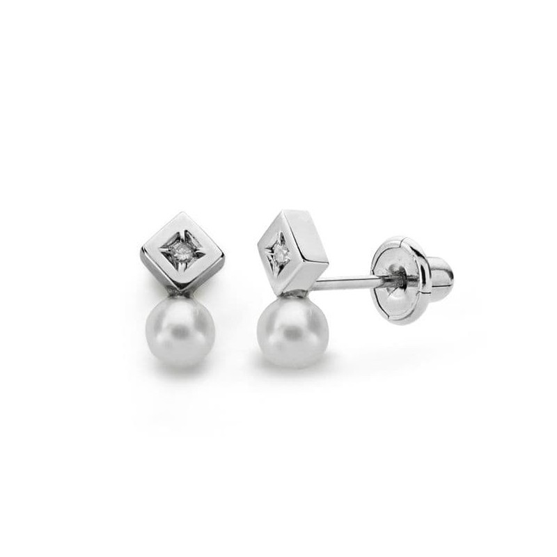 Pendientes Oro Blanco Perla 3 Mm Diamantes Naturales Si-H Talla Brillante 0,012 Qts. Cierre Tuerca oro 18k