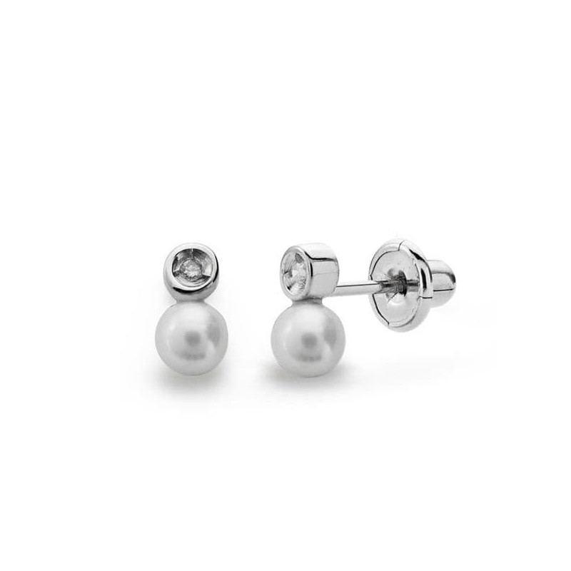 Pendientes Oro Blanco Perla 3 Mm Diamantes Naturales Si-H Talla Brillante 0,012 Qts. Cierre Tuerca oro 18k