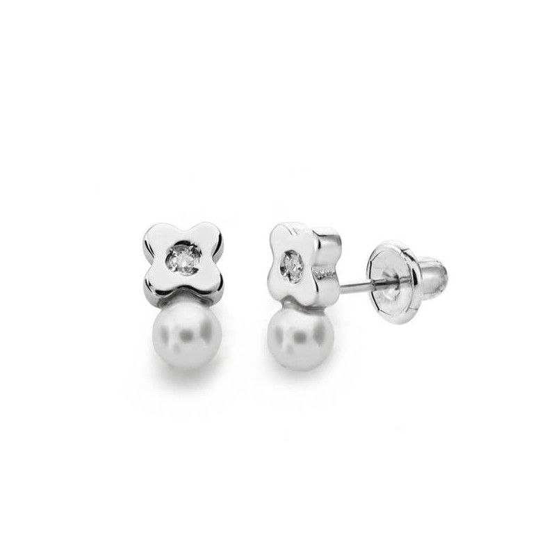 Pendientes Oro Blanco Perla 3 Mm Diamantes Naturales Si-H Talla Brillante 0,012 Qts. Cierre Tuerca oro 18k