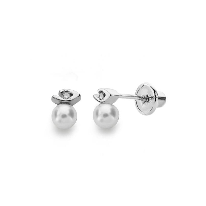 Pendientes Oro Blanco Perla 3 Mm Diamantes Naturales Si-H Talla Brillante 0,012 Qts. Cierre Tuerca oro 18k