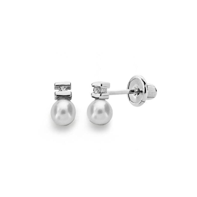 Pendientes Oro Blanco Perla 3 Mm Diamantes Naturales Si-H Talla Brillante 0,012 Qts. Cierre Tuerca oro 18k
