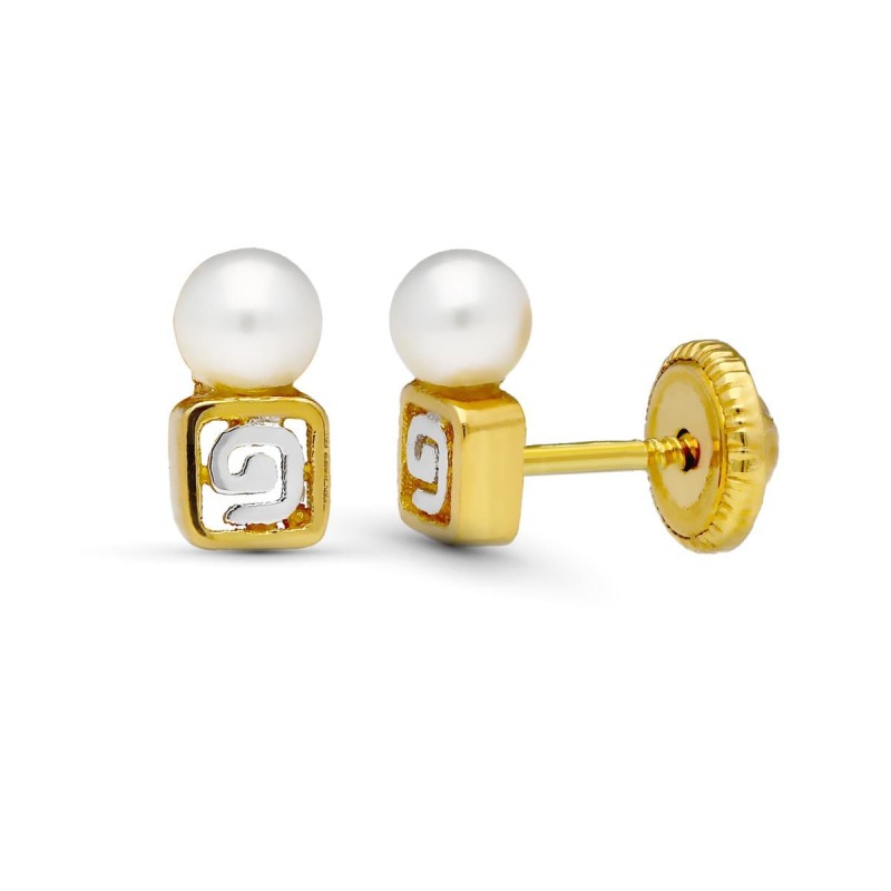 Pendientes Oro Bicolor Motivo Y Perla 7X3 Mm Cierre Tuerca oro 18k