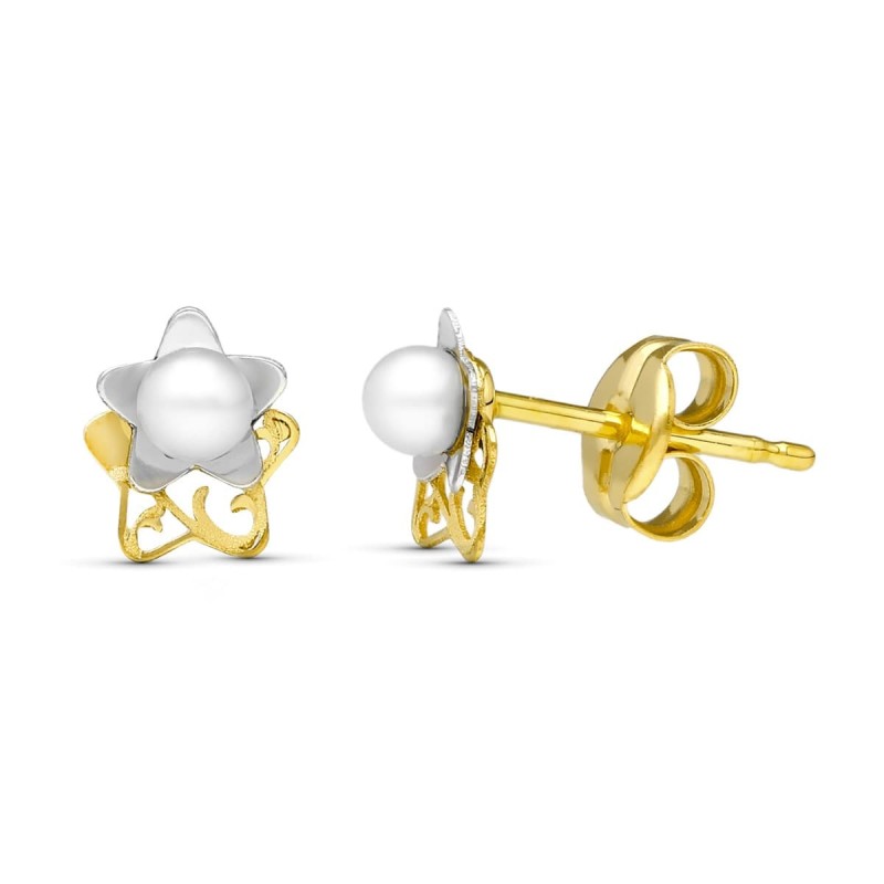 Pendientes Oro Bicolor Perla Laser. 6X5 Mm Cierre Presion oro 18k