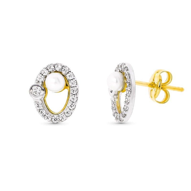Pendientes Oro Bicolor Perla 3 Mm 9X7 Mm Cierre Presion oro 18k