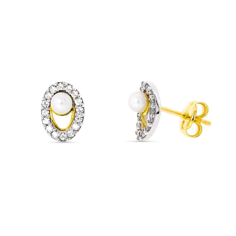 Pendientes Oro Bicolor Perla 3 Mm 8X5 Mm Cierre Presion oro 18k
