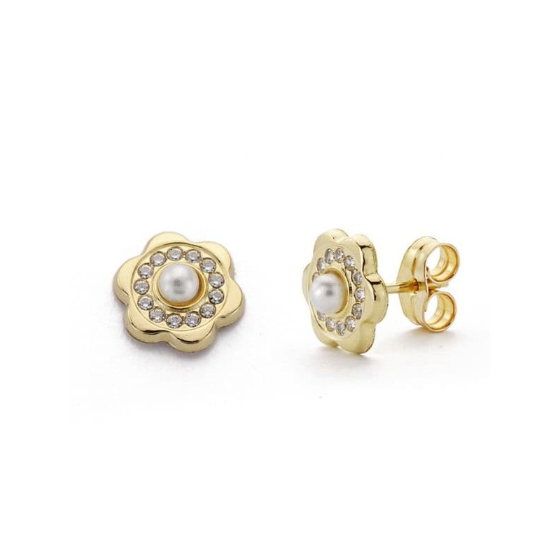 Pendientes Oro Amarillo Flor Circonita Y Perla 3 Mm Cierre Presion oro 18k