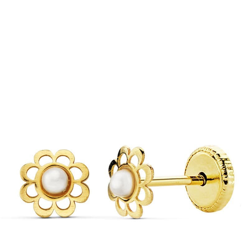 Pendientes Oro Amarillo Flor 5 Mm Perlita 2 Mm Tuerca oro 18k