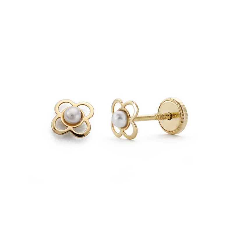 Pendientes Oro Amarillo Trebol 5 Mm Perla 2 Mm Cierre Tuerca oro 18k