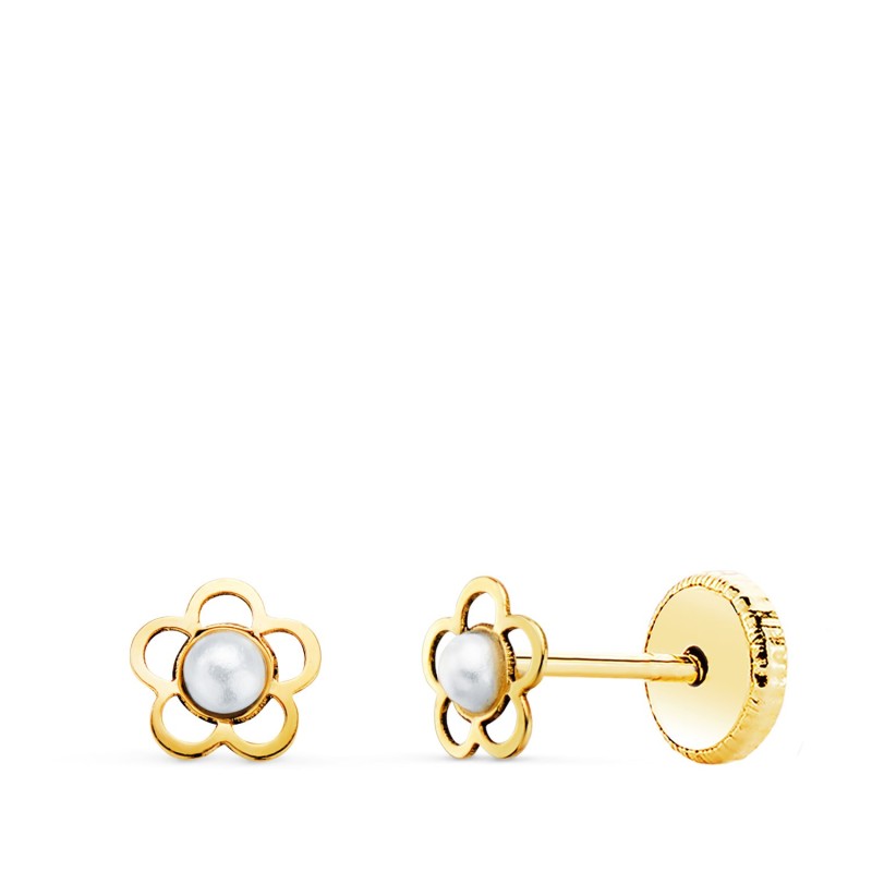 Pendientes Oro Amarillo Flor Calada Con Perla De 2 Mm. Ancho: 5X5 Mm. Cierre Tuerca oro 18k