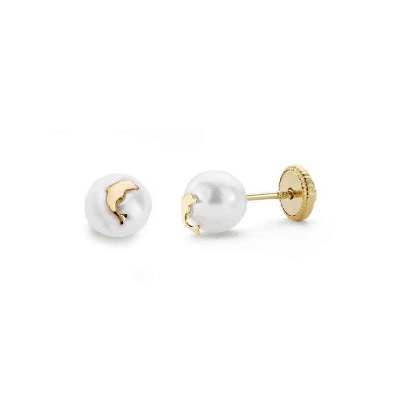 Pendientes Oro Amarillo Perla Y Delfin 6 Mm Tuerca oro 18k