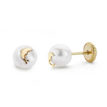 Pendientes Oro Amarillo Perla Y Delfin 6 Mm Tuerca oro 18k