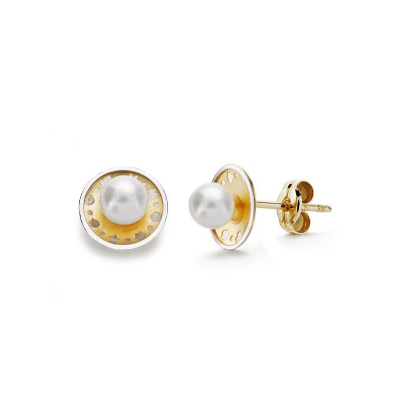 Pendientes Oro Bicolor Redondos Y Perla 8 Mm Presion oro 18k