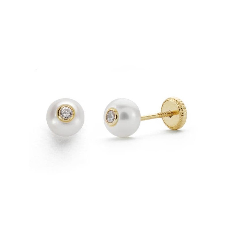 Pendientes Oro Amarillo Perla 5 Mm Circonita Cierre Tuerca oro 18k